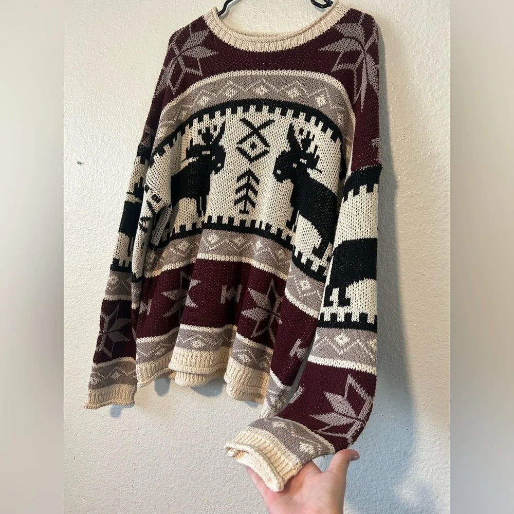 Idea Series Maroon and Beige Moose Sweater Small Silk Acrylic Blend Oversized - Picture 3 of 11